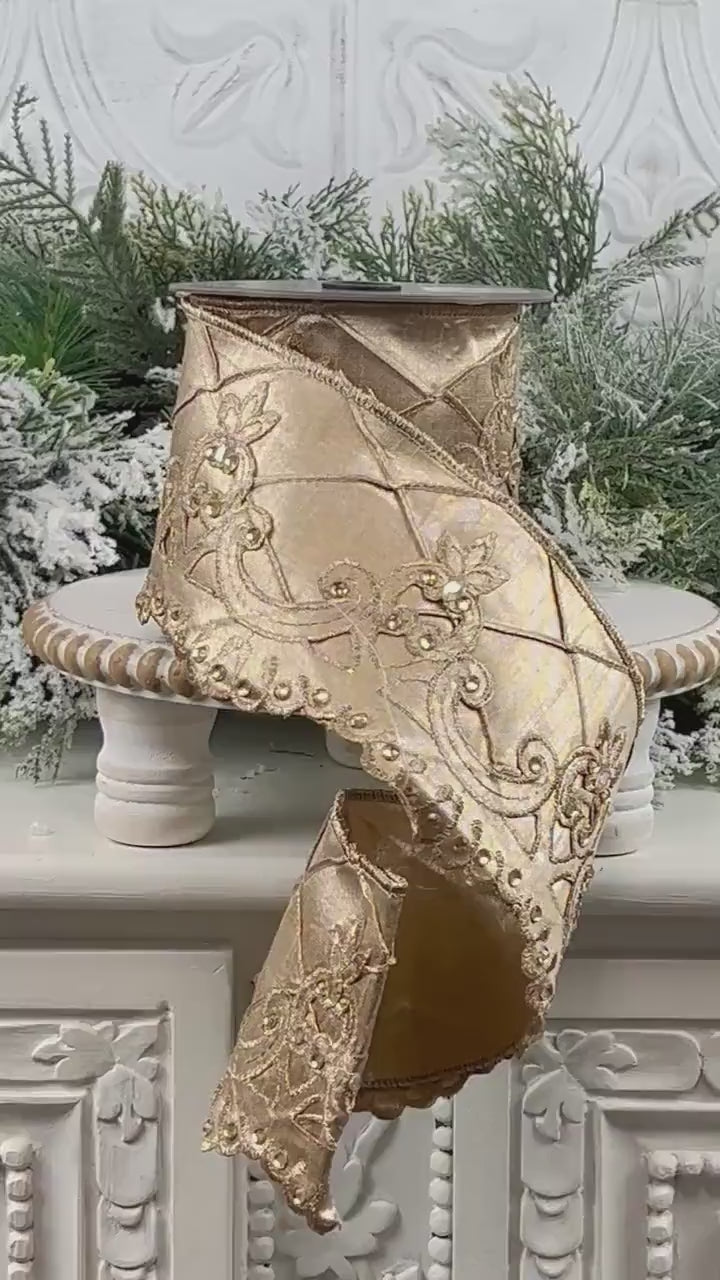 Farrisilk Scalloped Diamonds Ribbon, Champagne Embroidered Ribbon with Rhinestones, Jeweled Holiday Decor