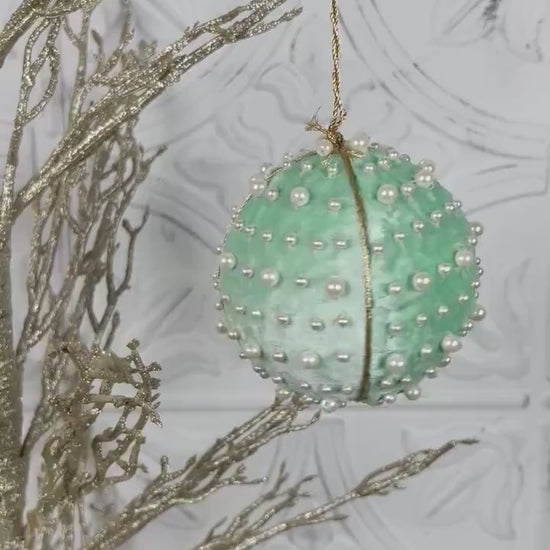 Velvet Pearl Ball Ornament, Mint Pink Blue Christmas Bauble, Velvet Jeweled Ornament, Shatterproof Holiday Decor, Elegant Wedding Ornament