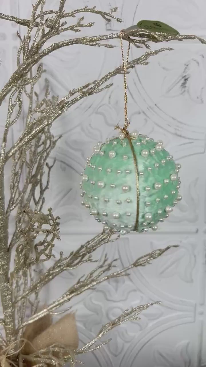 Velvet Pearl Ball Ornament, Mint Pink Blue Christmas Bauble, Velvet Jeweled Ornament, Shatterproof Holiday Decor, Elegant Wedding Ornament
