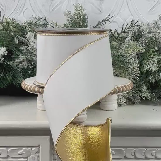 Farrisilk White Flocked Velvet Ribbon, Gold Designer Ribbon for Holiday or Year-Round Decor