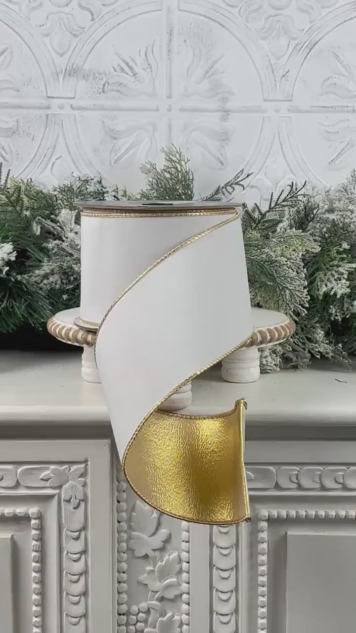 Farrisilk White Flocked Velvet Ribbon, Gold Designer Ribbon for Holiday or Year-Round Decor