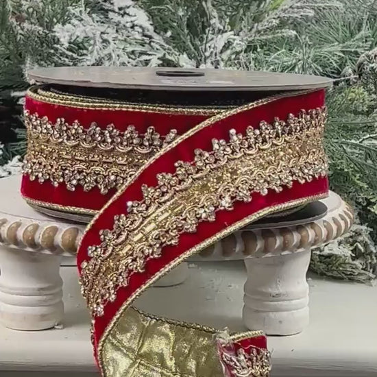 D. Stevens Red Jeweled Velvet Ribbon, Red Velvet Ribbon with Gold Embroidered Trim, Luxury Designer Ribbon for Holiday and Wedding Decor