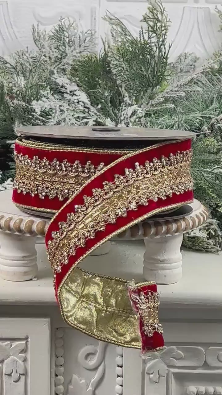 D. Stevens Red Jeweled Velvet Ribbon, Red Velvet Ribbon with Gold Embroidered Trim, Luxury Designer Ribbon for Holiday and Wedding Decor