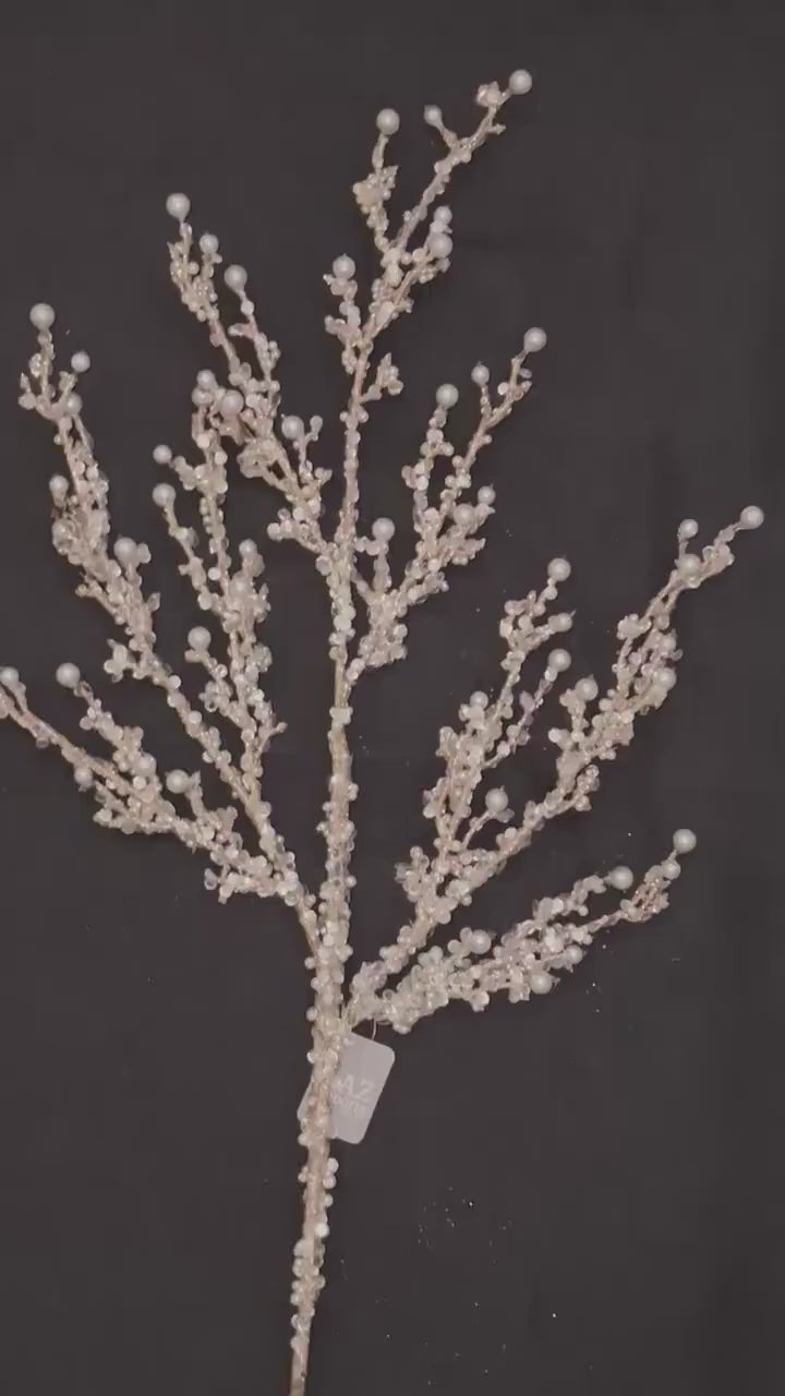 Champagne Pearl Glitter Spray – 33" Jeweled Christmas Tree Floral Spray, Holiday Wreath Pick, Pearl Wedding Floral Stem for DIY Designers