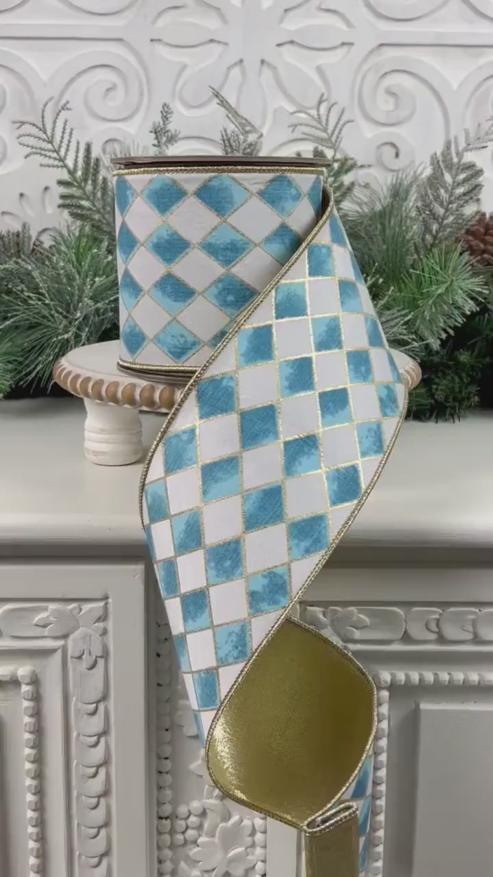 Blue and White Harlequin Ribbon, Cobalt Blue Jester Ribbon, Gold Backed Gilded Harlequin Ribbon, 4" Wired Harlequin Ribbon, Designer Ribbon