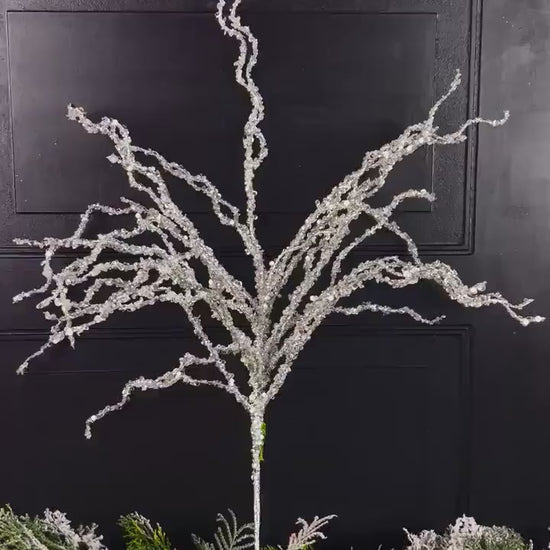 Iced Twig Spray, Crystal Holiday Branch, Winter Tree Accent, Elegant Christmas Pick, Snowy Wreath Stem