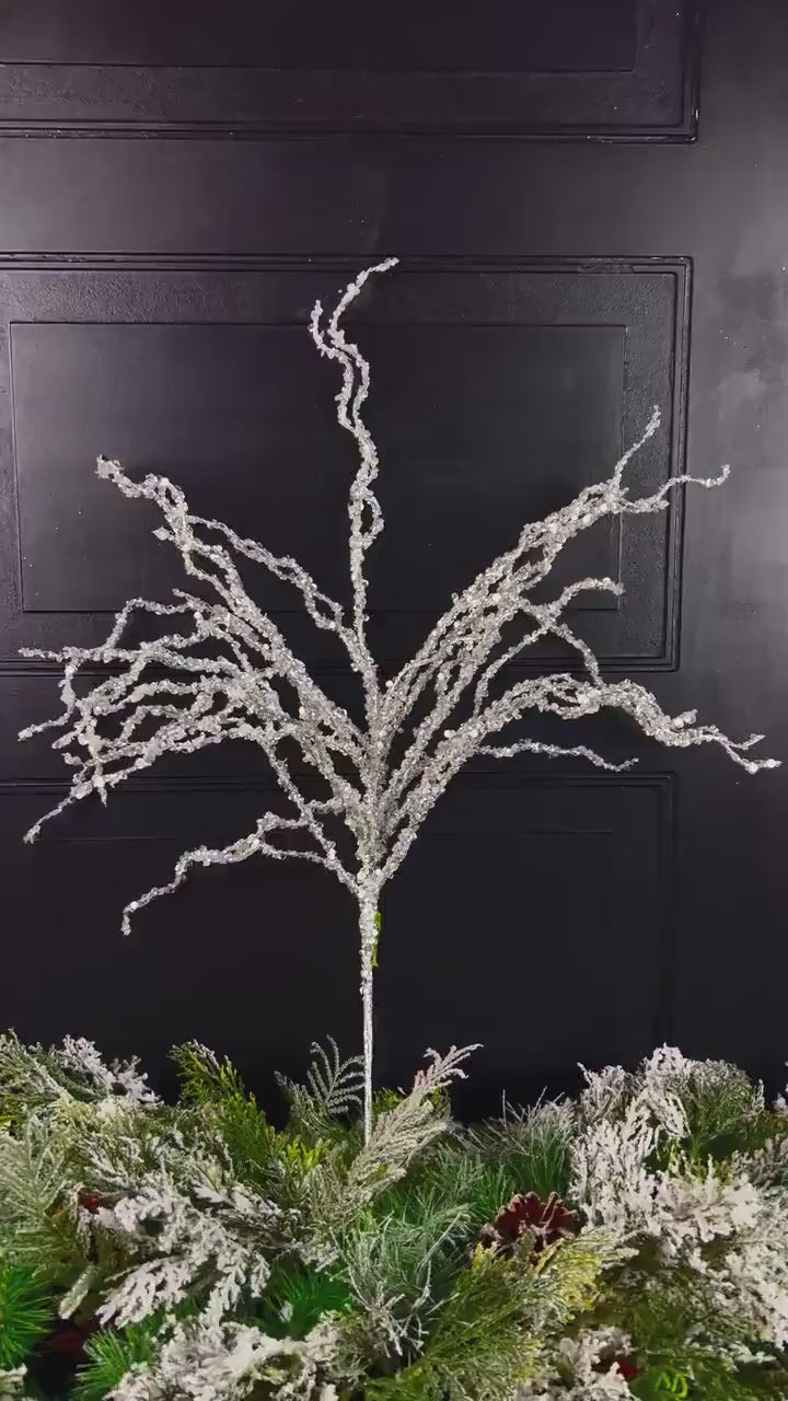 Iced Twig Spray, Crystal Holiday Branch, Winter Tree Accent, Elegant Christmas Pick, Snowy Wreath Stem