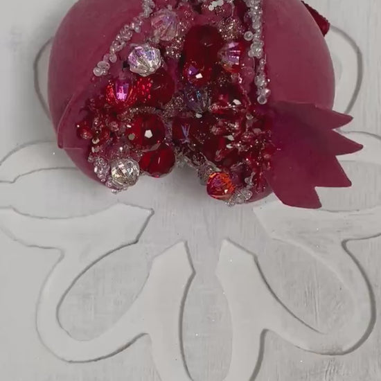 Jeweled Pomegranate Ornament, Red Beaded Ornament, Christmas Fruit Accent, Wedding Centerpiece Decor, Red Christmas baubles, Christmas gifts