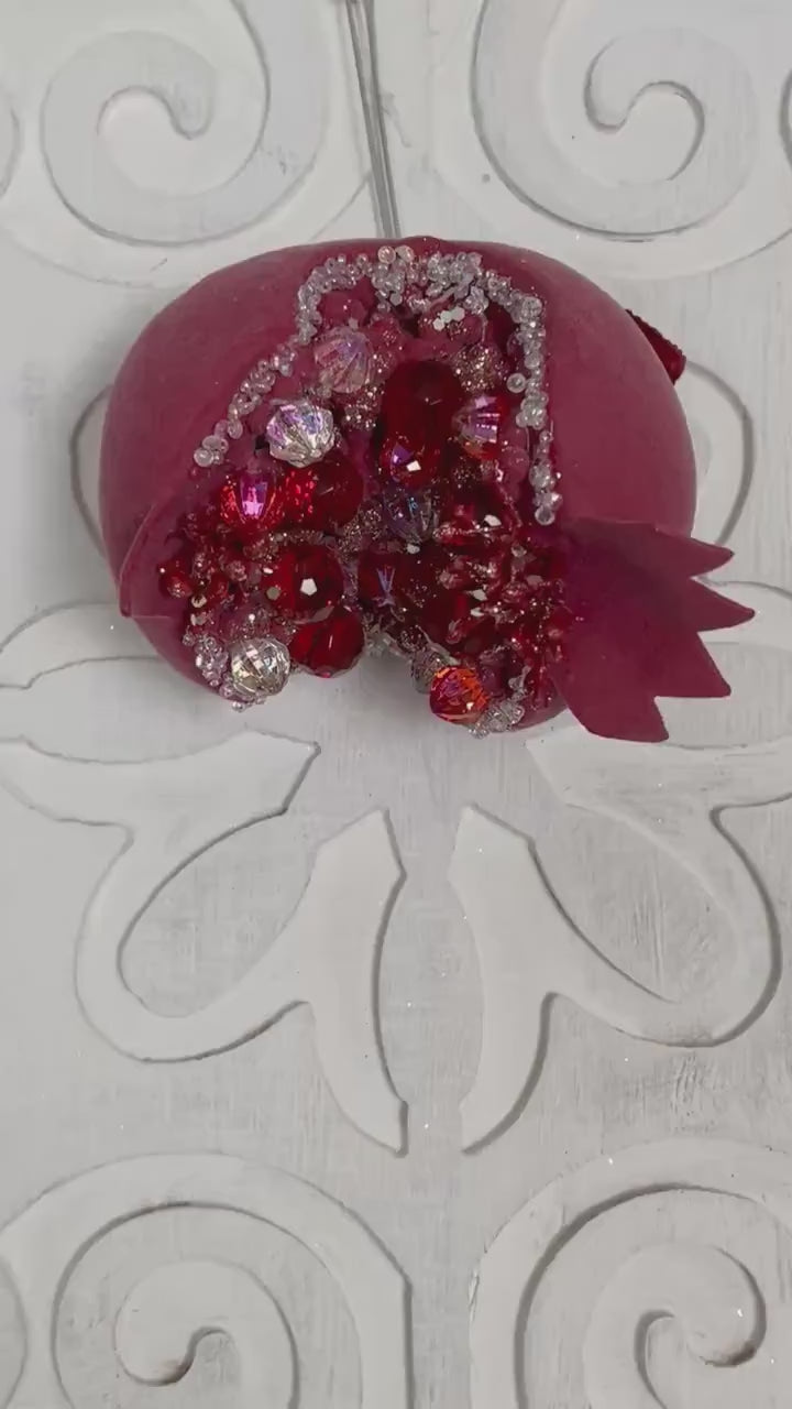 Jeweled Pomegranate Ornament, Red Beaded Ornament, Christmas Fruit Accent, Wedding Centerpiece Decor, Red Christmas baubles, Christmas gifts