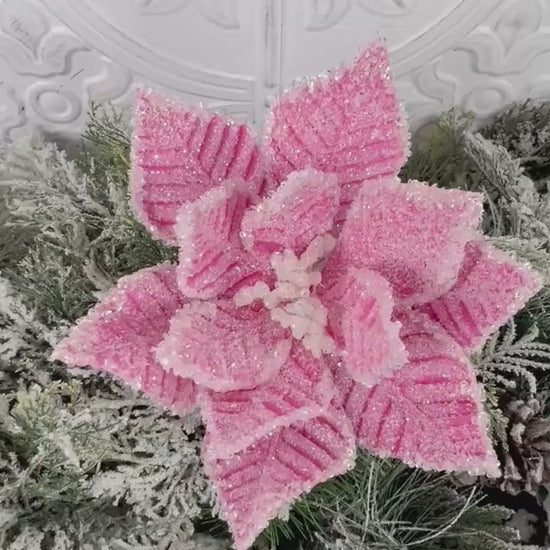 Icy Pink Poinsettia Stem, Beaded Christmas Flower, Pink Holiday Floral Pick, Winter Wedding Stem, Luxury Tree Accent