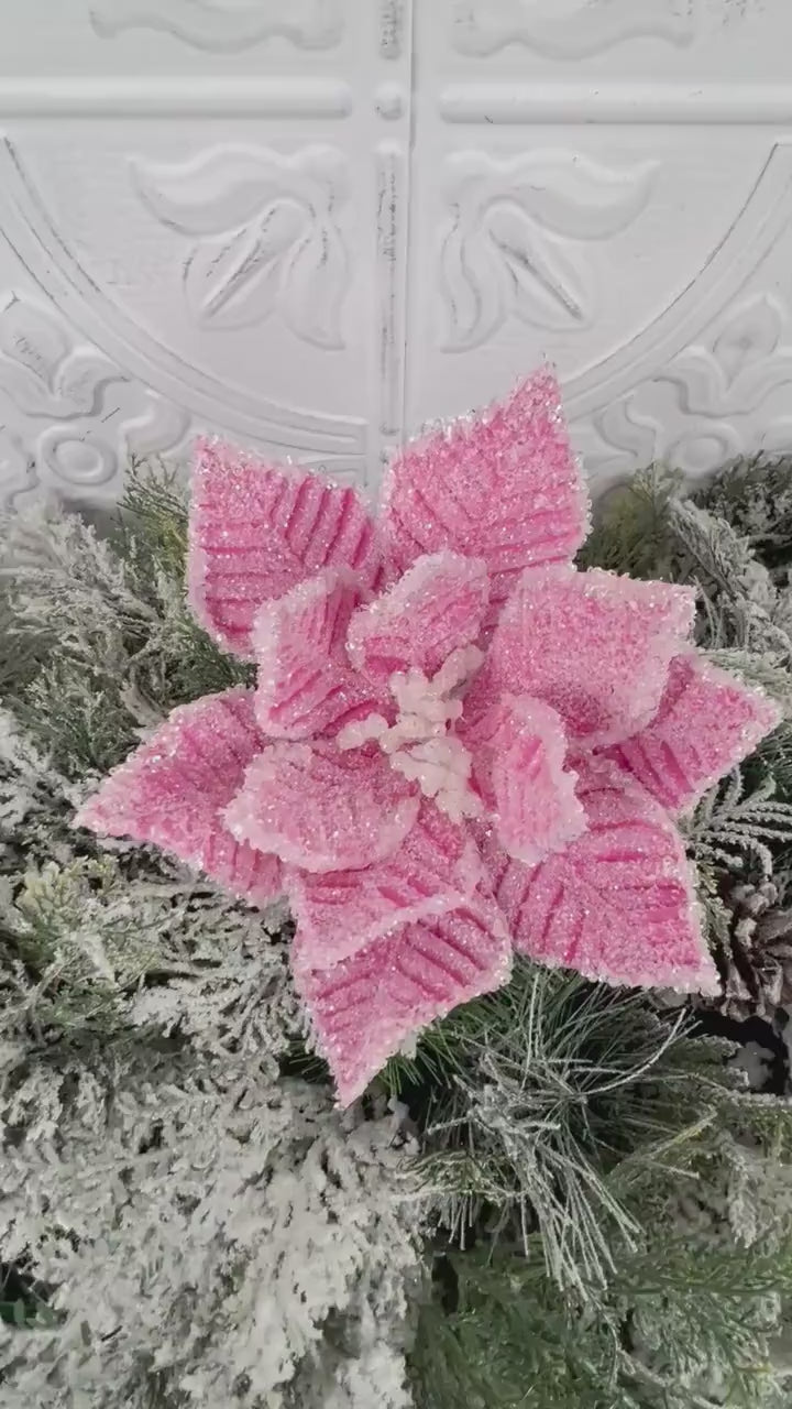 Icy Pink Poinsettia Stem, Beaded Christmas Flower, Pink Holiday Floral Pick, Winter Wedding Stem, Luxury Tree Accent
