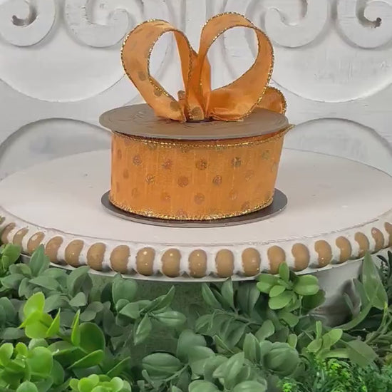 D. Stevens Gold Polka Dot  Ribbon – Light Orange,  Wired Metallic Spring & Summer Ribbon, Orange Polka Dot Ribbon, Easter Ribbon,