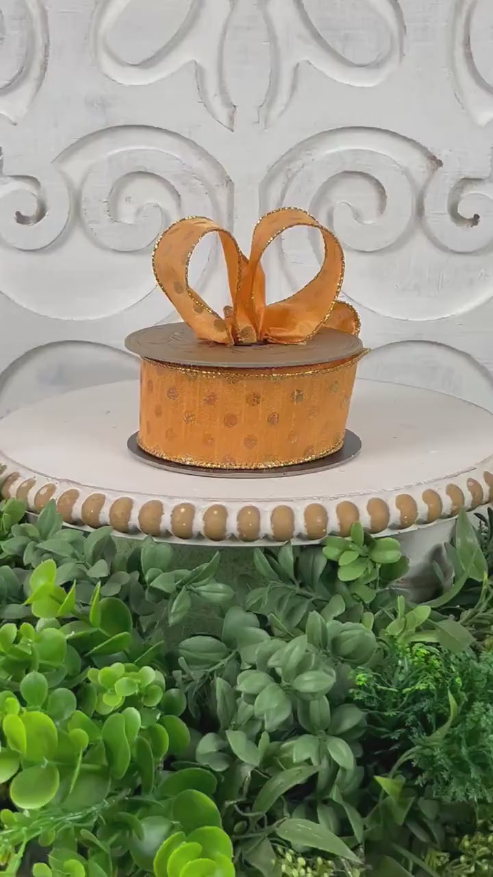 D. Stevens Gold Polka Dot  Ribbon – Light Orange,  Wired Metallic Spring & Summer Ribbon, Orange Polka Dot Ribbon, Easter Ribbon,