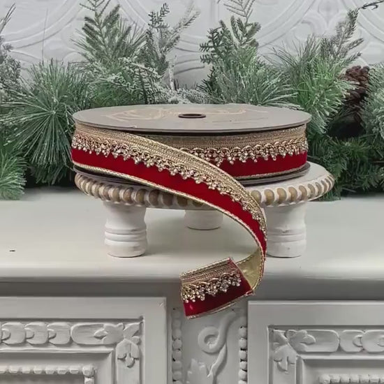 D. Stevens Jeweled Red Velvet Ribbon, Gold Backed Crystal Trim Ribbon, 1.5" Holiday Ribbon, Winter Wedding Ribbon, Red and Gold Velvet