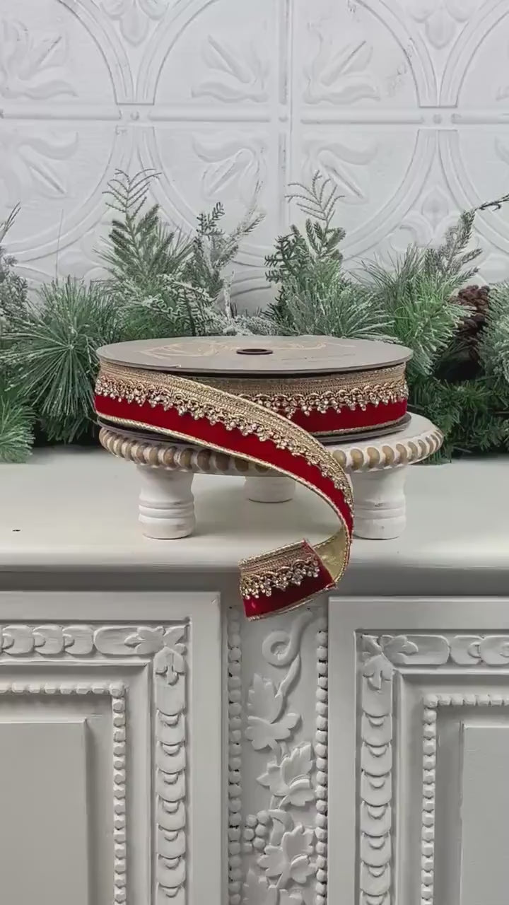 D. Stevens Jeweled Red Velvet Ribbon, Gold Backed Crystal Trim Ribbon, 1.5" Holiday Ribbon, Winter Wedding Ribbon, Red and Gold Velvet