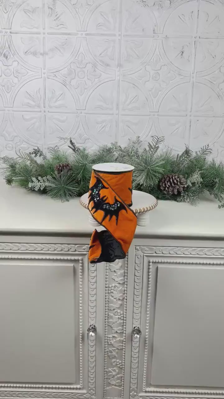 Orange Velvet Halloween Ribbon, Sequin Bat Ribbon, Luxury Halloween Decor, Designer Halloween Ribbon, Black and Orange Ribbon