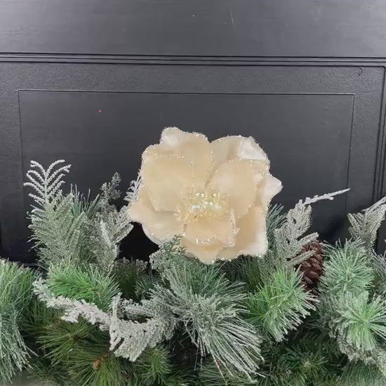 Ivory Magnolia Stem, Jeweled Christmas Flower, Frosted Magnolia Pick, Holiday Floral Accent, Elegant Winter Stem