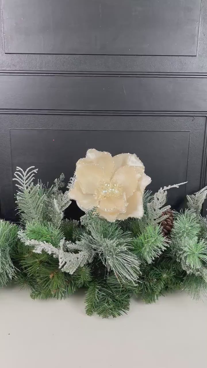 Ivory Magnolia Stem, Jeweled Christmas Flower, Frosted Magnolia Pick, Holiday Floral Accent, Elegant Winter Stem