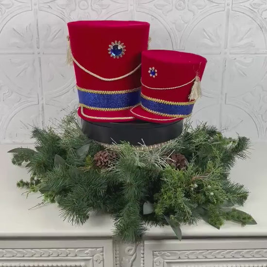 Red Velvet Nutcracker Hat Tree Topper with Blue Glitter Band & Gold Trim, Nutcracker Hat for Wreath, Nutcracker Decor, Red Nutcracker Hat