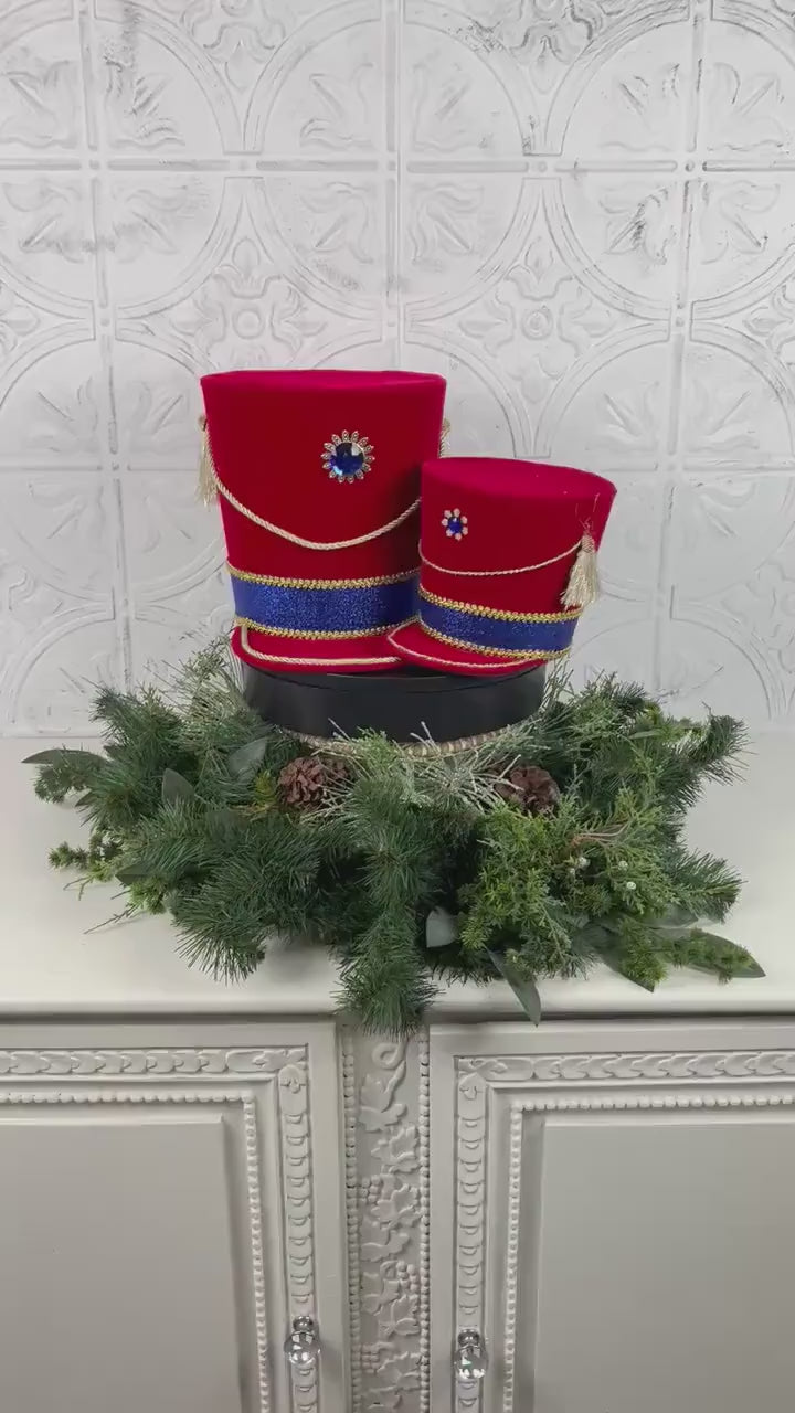 Red Velvet Nutcracker Hat Tree Topper with Blue Glitter Band & Gold Trim, Nutcracker Hat for Wreath, Nutcracker Decor, Red Nutcracker Hat