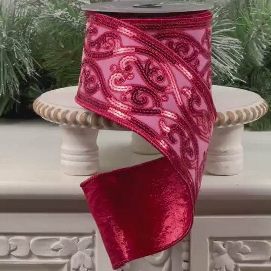 Pink and Red Sequin Ribbon, Farrisilk Scroll Ribbon, Holiday Designer Ribbon, Luxury Wreath Ribbon, Elegant Event Styling, Valentine Decor