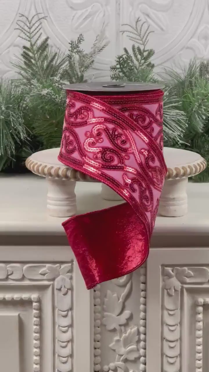 Pink and Red Sequin Ribbon, Farrisilk Scroll Ribbon, Holiday Designer Ribbon, Luxury Wreath Ribbon, Elegant Event Styling, Valentine Decor