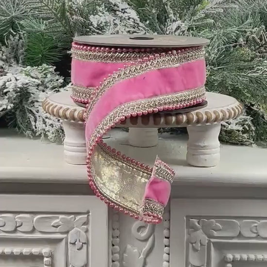 D. Stevens Jeweled Pink Velvet Ribbon, Pink Velvet Ribbon with Crystal Trim, Luxury Designer Ribbon for Holiday and Wedding Decor