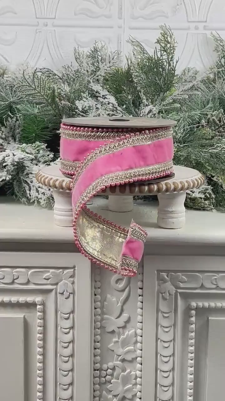 D. Stevens Jeweled Pink Velvet Ribbon, Pink Velvet Ribbon with Crystal Trim, Luxury Designer Ribbon for Holiday and Wedding Decor