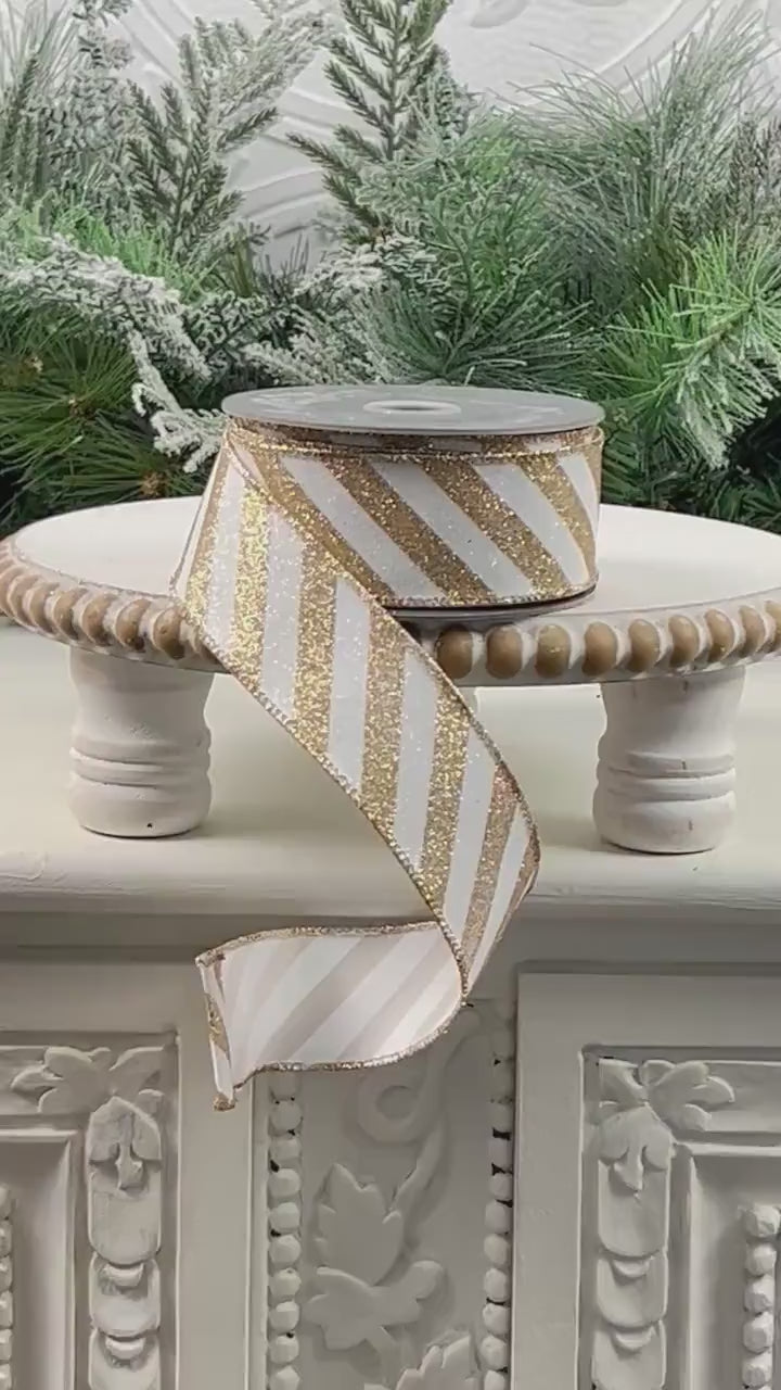 Glittered Striped Ribbon, Gold and White Striped Ribbon, Glitter Stripe Ribbon, Holiday Wired Ribbon, Elegant Designer Ribbon