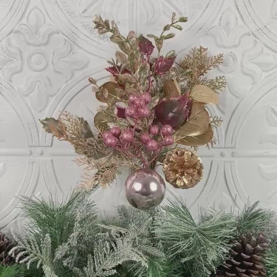 18" Pink and Gold Glitter Leaf Berry and Cone Spray, Gold Glitter Leaf Spray with Pink Berries and Ornaments, Pine Cone and Berry Stem