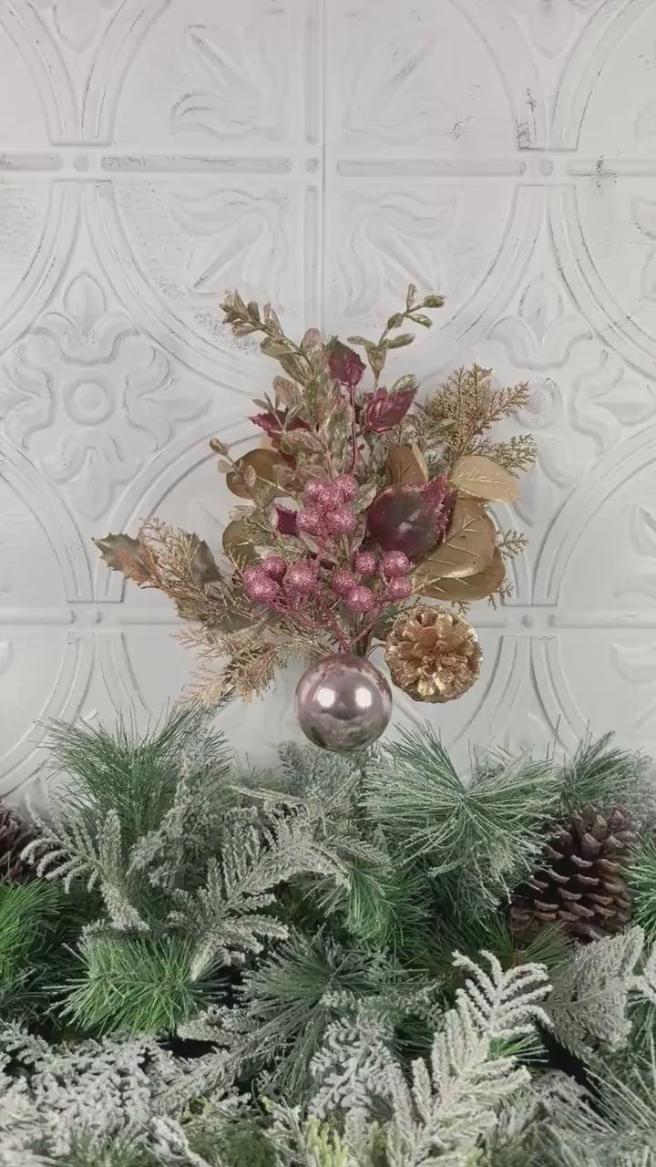 18" Pink and Gold Glitter Leaf Berry and Cone Spray, Gold Glitter Leaf Spray with Pink Berries and Ornaments, Pine Cone and Berry Stem