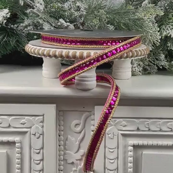 Farrisilk Gemstone Garland Ribbon, Hot Pink Double-Sided Jeweled Designer Ribbon for Holiday or Year-Round Decor