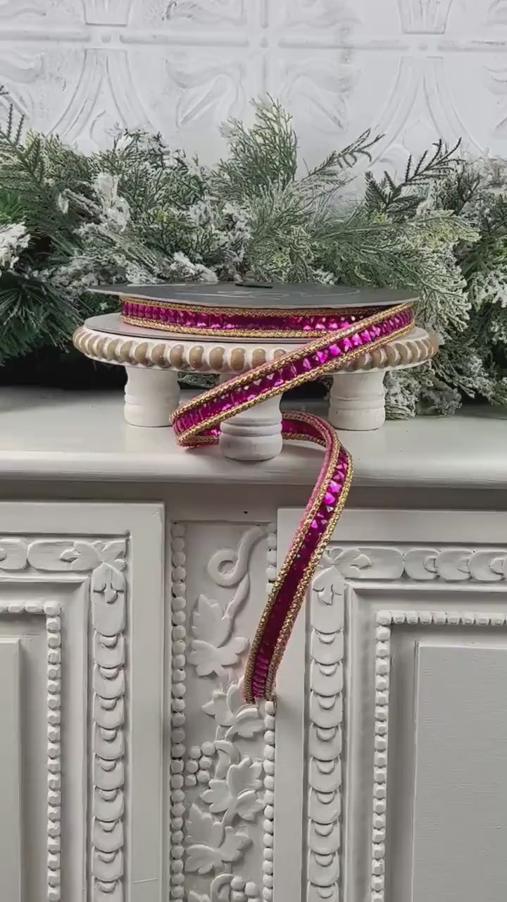 Farrisilk Gemstone Garland Ribbon, Hot Pink Double-Sided Jeweled Designer Ribbon for Holiday or Year-Round Decor