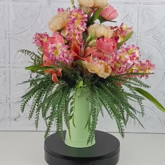 Tropical Faux Floral Centerpiece – Bright Summer Arrangement with Coral & Peach Blooms, Green Vase Decor, Handmade Island-Inspired Display