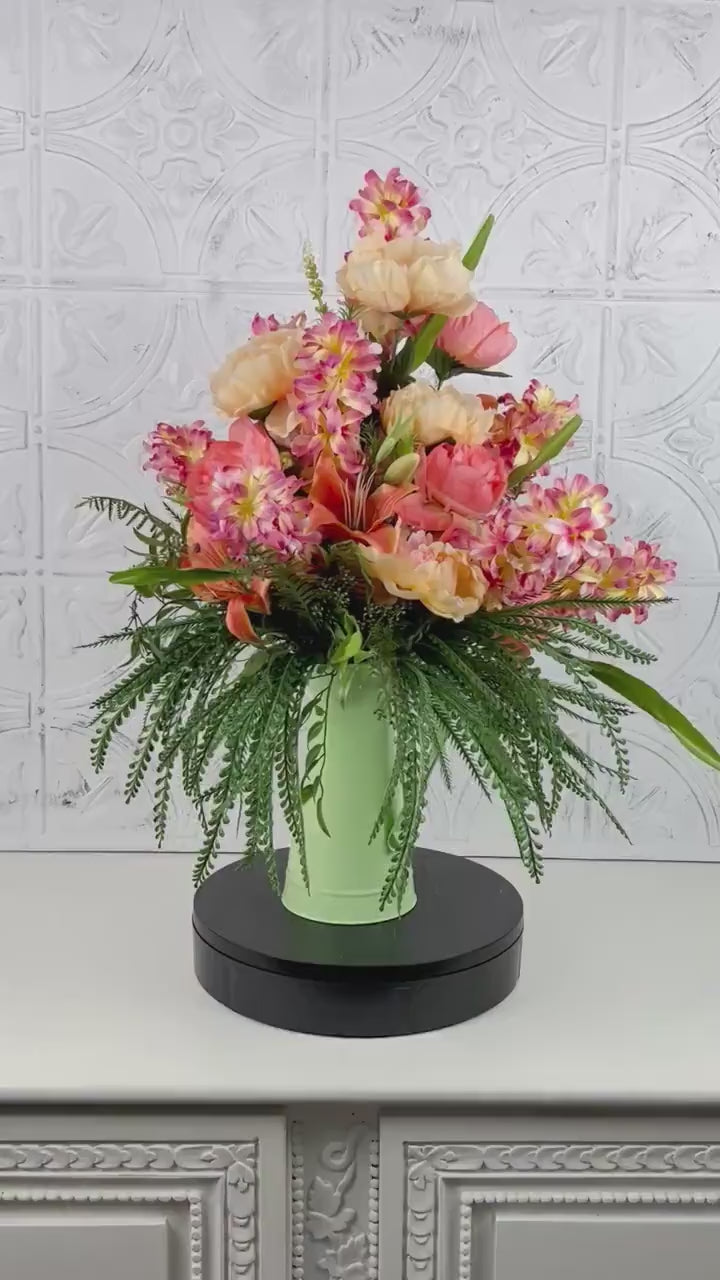 Tropical Faux Floral Centerpiece – Bright Summer Arrangement with Coral & Peach Blooms, Green Vase Decor, Handmade Island-Inspired Display