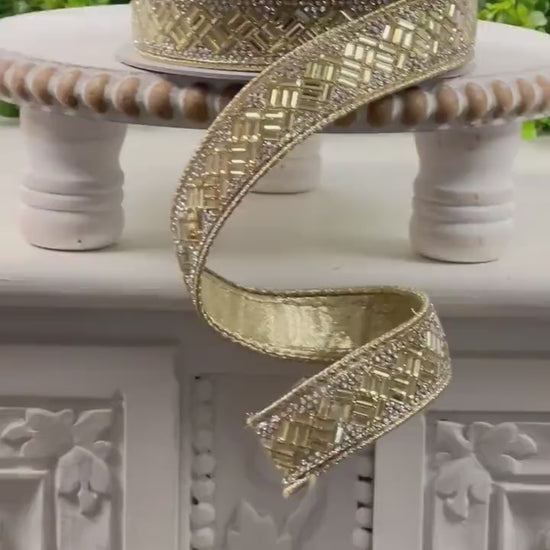 Farrisilk Gold Jeweled Ribbon, Jubilee Jewel Ribbon, Gold Jewel Ribbon, Designer Ribbon with Crystals and Beading, Glam Wired Ribbon