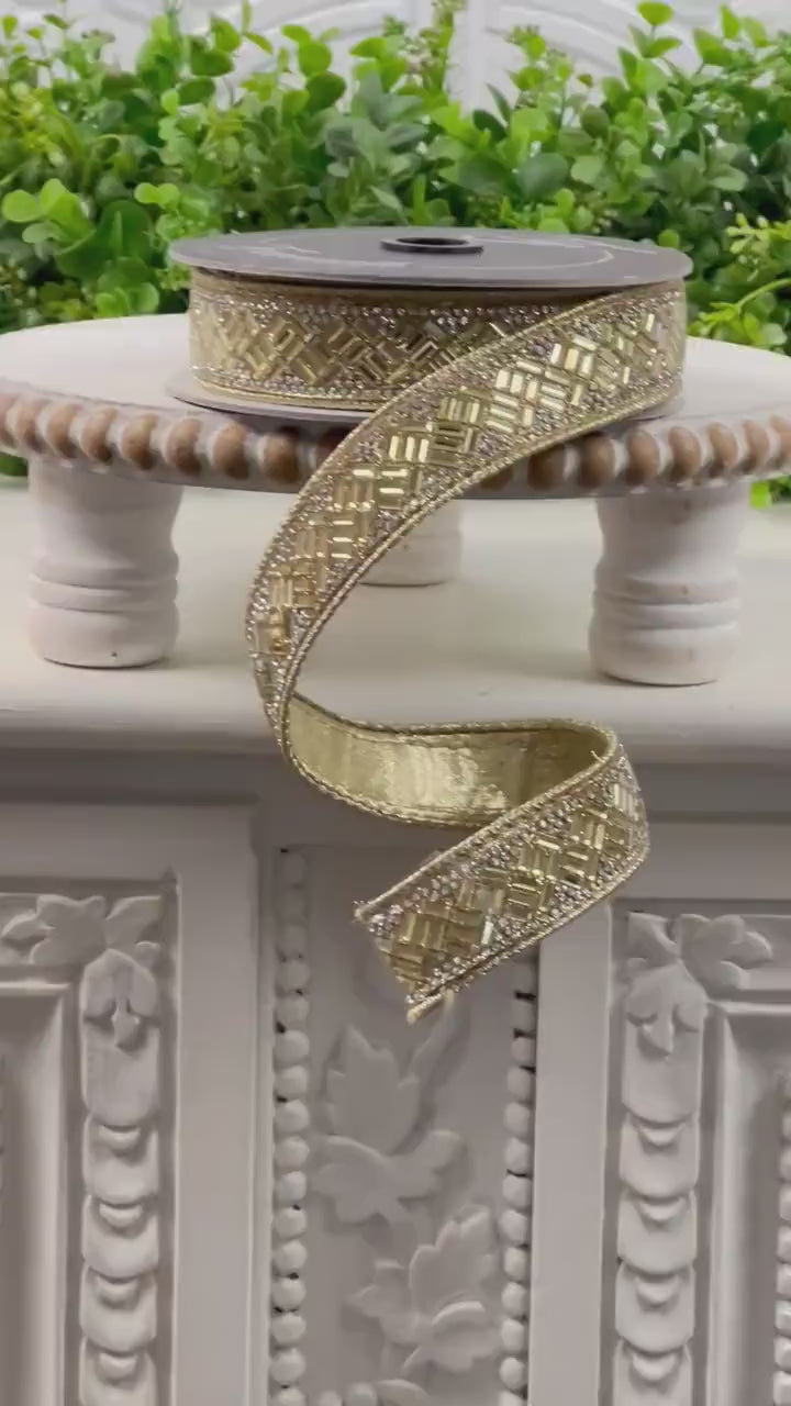 Farrisilk Gold Jeweled Ribbon, Jubilee Jewel Ribbon, Gold Jewel Ribbon, Designer Ribbon with Crystals and Beading, Glam Wired Ribbon