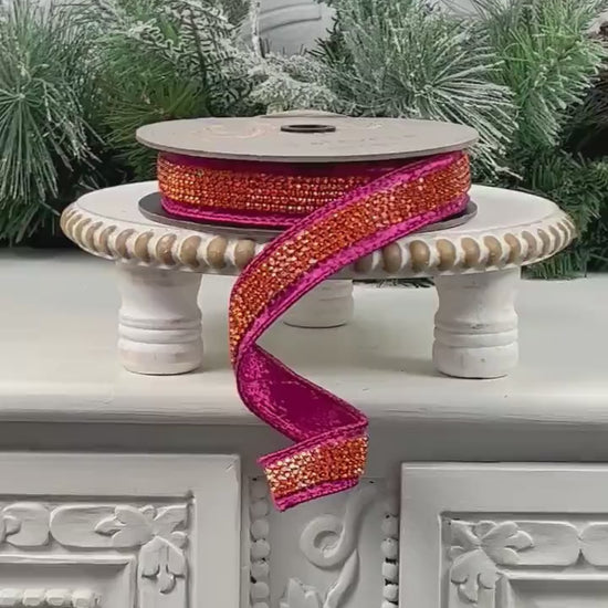 D. Stevens Hot Pink and Orange Jeweled Ribbon, Hot Pink and Orange Jeweled Ribbon,  Crystal Trim Velvet Ribbon,  Elegant Fall Holiday Ribbon