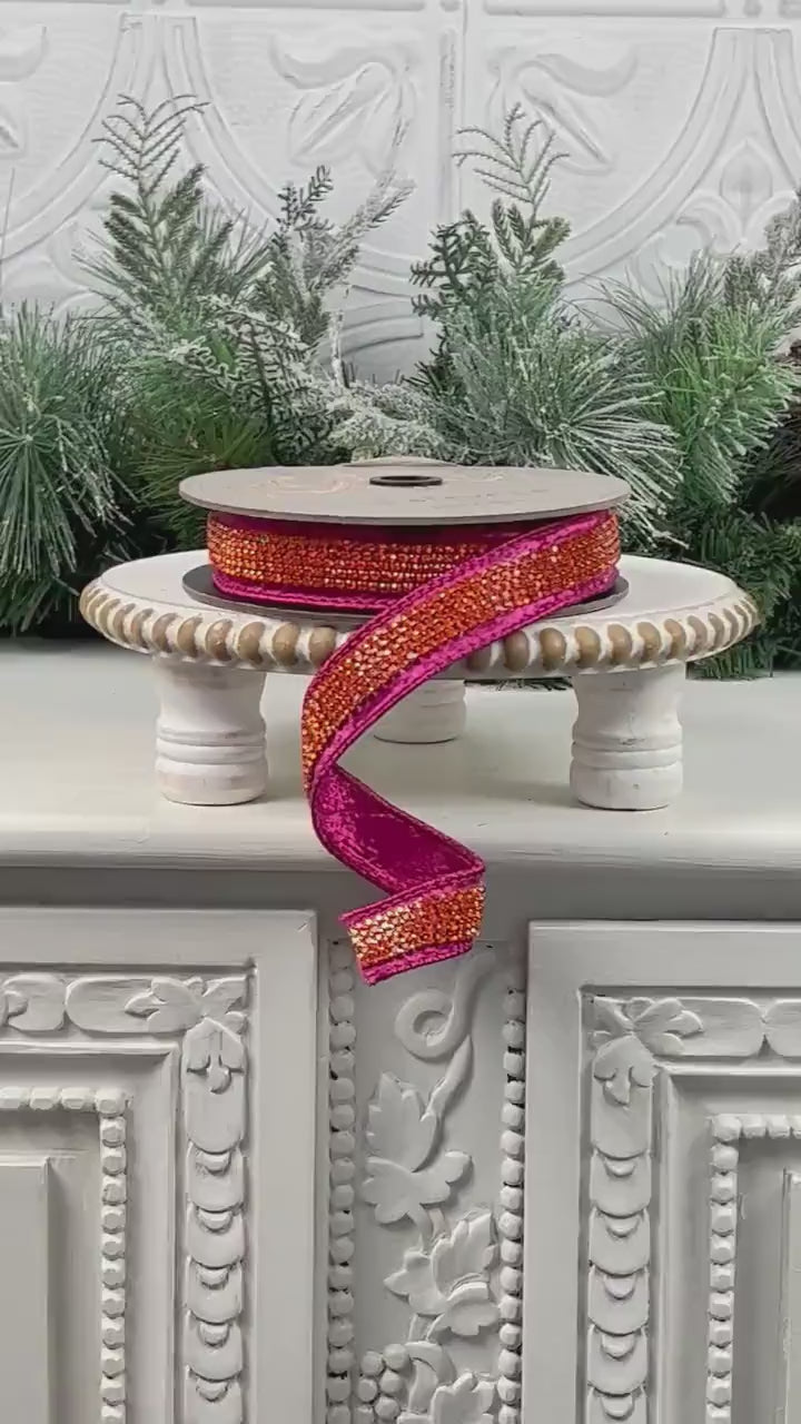 D. Stevens Hot Pink and Orange Jeweled Ribbon, Hot Pink and Orange Jeweled Ribbon,  Crystal Trim Velvet Ribbon,  Elegant Fall Holiday Ribbon
