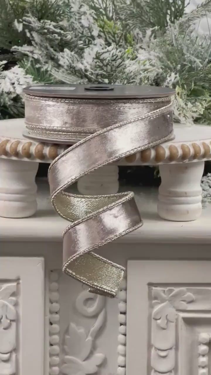 Farrisilk Platinum Satin Velvet Ribbon, Metallic Wired Ribbon, Luxury Christmas Tree Trimming Ribbon