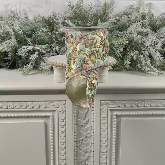 D Stevens Floral Embroidered Ribbon, Platinum Jeweled Ribbon, Pink and Blue Appliqué Ribbon, Designer Ribbon, Luxury Floral Trim