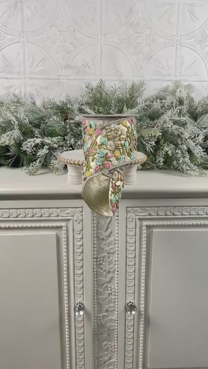 D Stevens Floral Embroidered Ribbon, Platinum Jeweled Ribbon, Pink and Blue Appliqué Ribbon, Designer Ribbon, Luxury Floral Trim