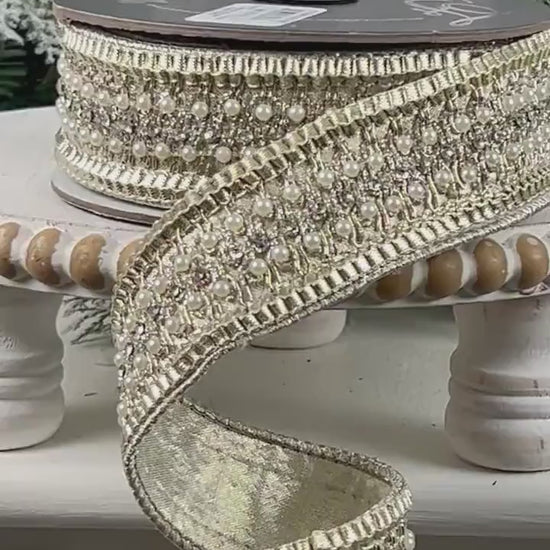 Farrisilk Victorian Pearl Ribbon, Platinum Designer Ribbon with Pearls for Holiday or Wedding Decor