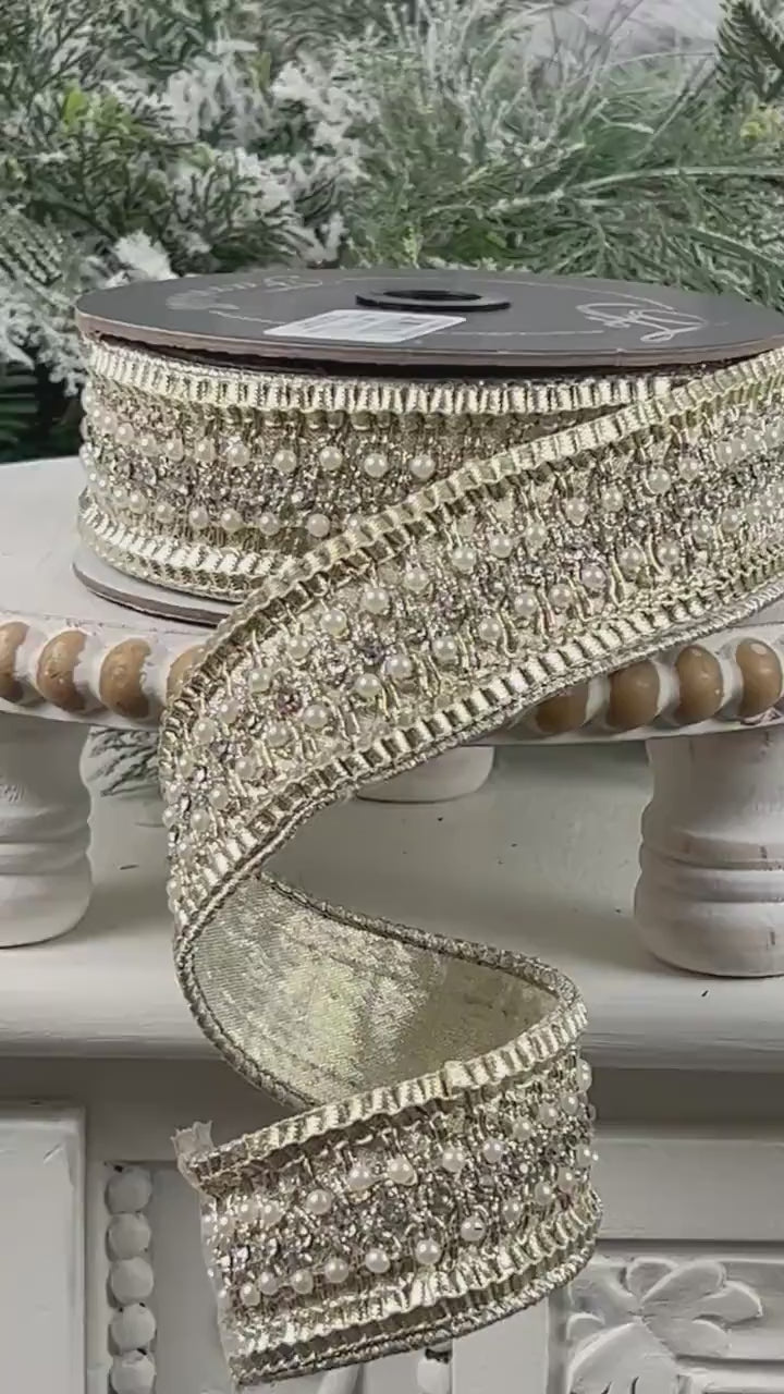 Farrisilk Victorian Pearl Ribbon, Platinum Designer Ribbon with Pearls for Holiday or Wedding Decor