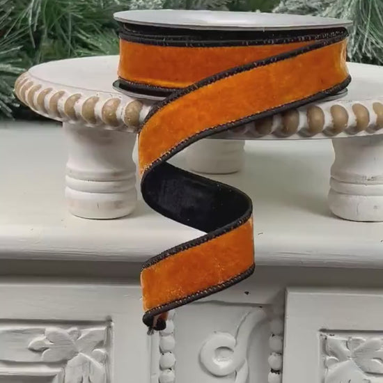 Orange and Black Velvet Ribbon, Fall Velvet Ribbon, Halloween Designer Ribbon, Black Edge Velvet Trim, Wired Velvet Ribbon