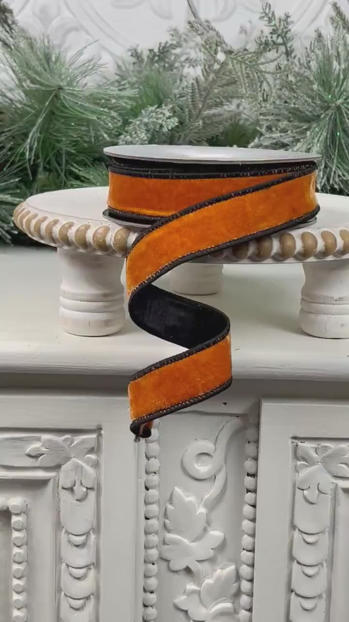 Orange and Black Velvet Ribbon, Fall Velvet Ribbon, Halloween Designer Ribbon, Black Edge Velvet Trim, Wired Velvet Ribbon