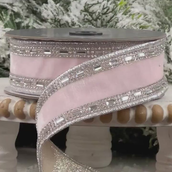 Farrisilk Shimmering Gems Pink Velvet Ribbon, Light Pink Jeweled Christmas Ribbon, Luxury Holiday Bow