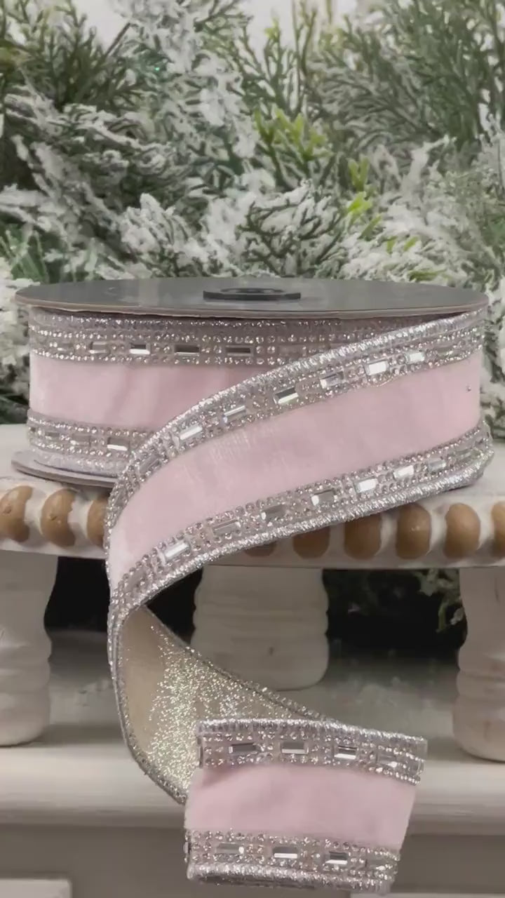 Farrisilk Shimmering Gems Pink Velvet Ribbon, Light Pink Jeweled Christmas Ribbon, Luxury Holiday Bow