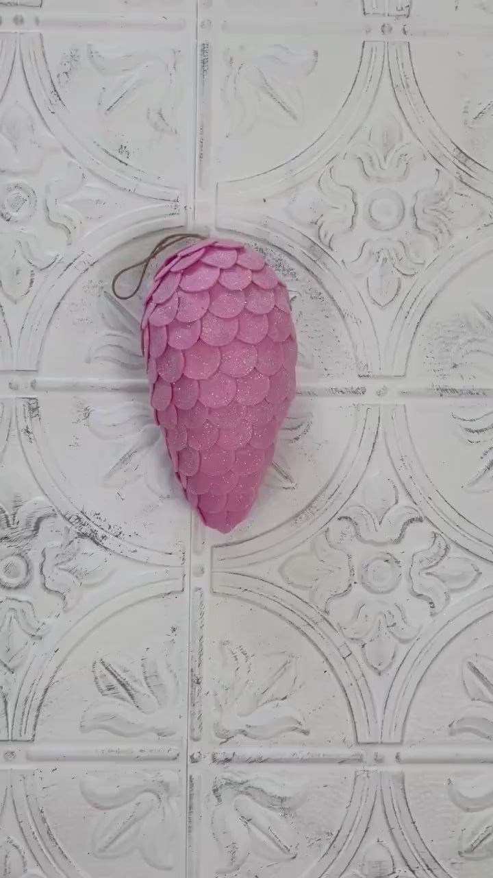 Pink Felt Pinecone Ornament, 9" Glittered Holiday Wreath Accent, Soft Christmas Pinecone for DIY, Floral, or Home Decor,