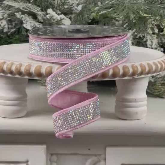 Light Pink Rhinestone Ribbon, Pink Dupion Ribbon with Rhinestone Trim, Light Pink Jeweled Ribbon
